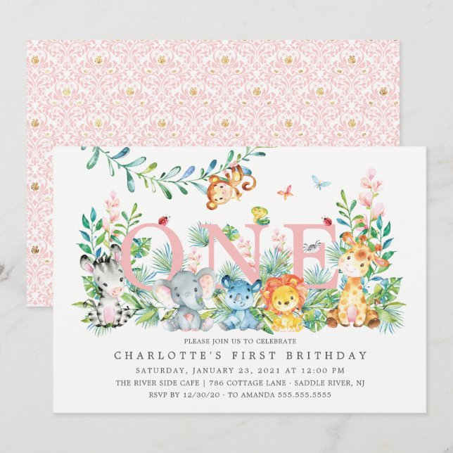 Dulce Safari UN Chica 1ª Invitación de cumpleaños (Anverso / Reverso)