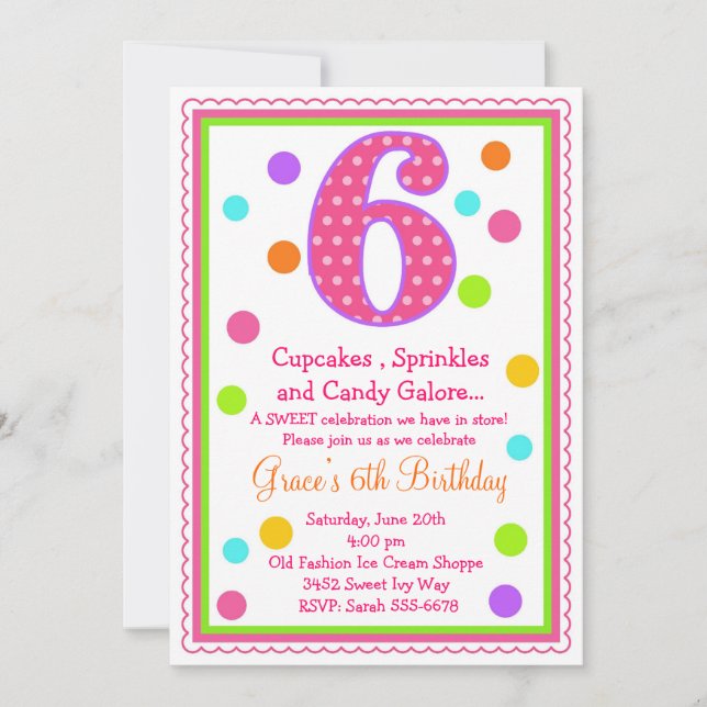 Dulce sorpresa 6º cumpleaños invitación (Anverso)
