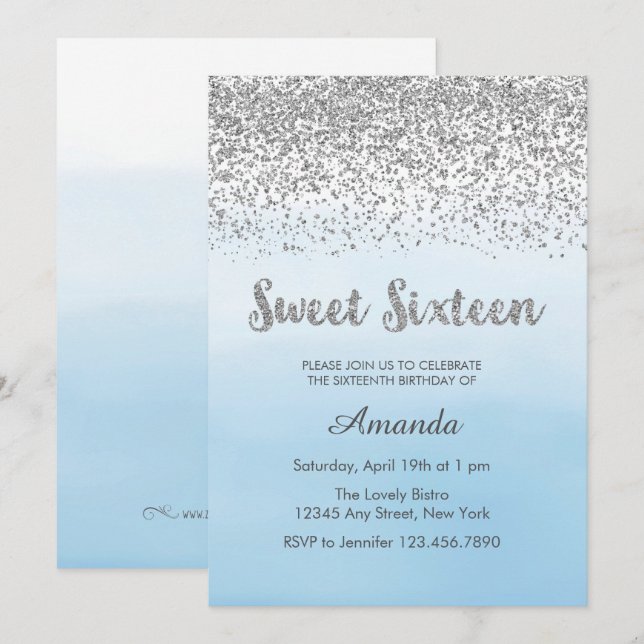 Dulce suavemente azul y de plata invitación de 16 (Anverso / Reverso)