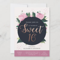 Dulce tarjeta de 16 años. Oro y rosa. Floral
