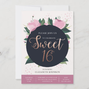 Dulce tarjeta de 16 años. Oro y rosa. Floral