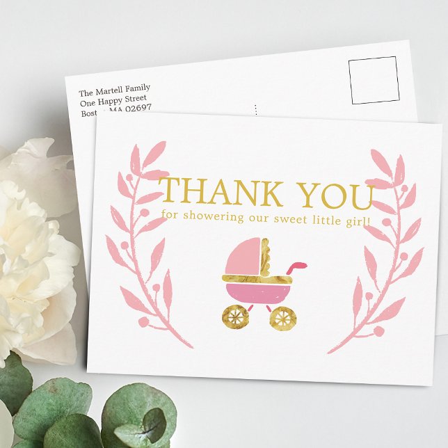 Dulce Tarjeta de Agradecimiento de Carruaje de Beb (Sweet Pink Gold Carriage Baby Shower Thank You Postcard)