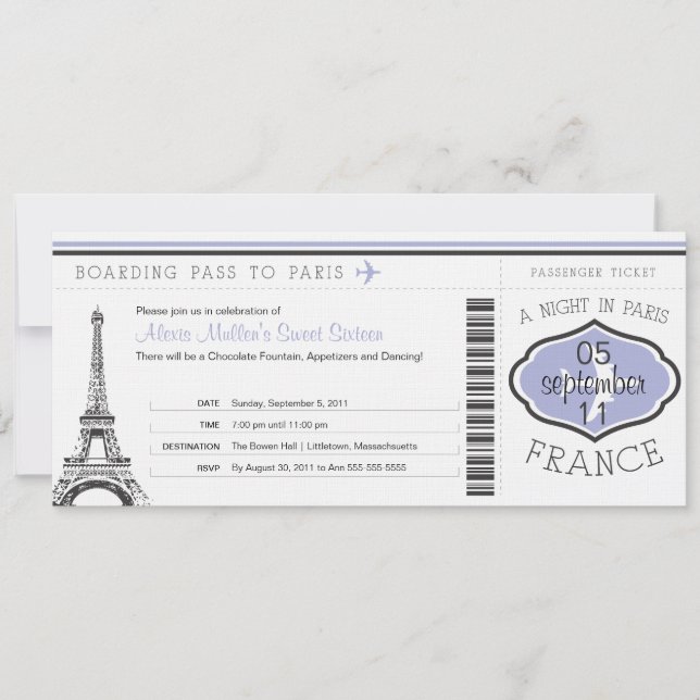 Dulce tarjeta de embarque de 16 cumpleaños a París (Anverso)