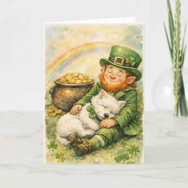 Dulce tarjeta de San Patricio de Westie y duende (Anverso)