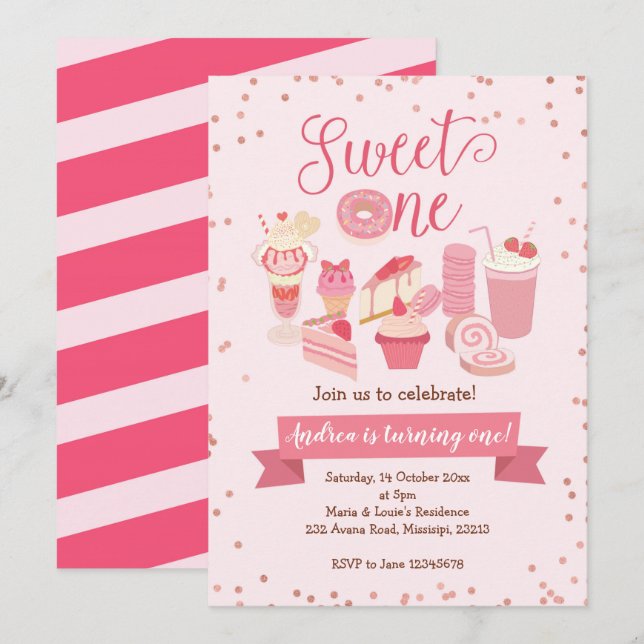 Dulce un Chica Donut Invitación de cumpleaños temá (Anverso / Reverso)