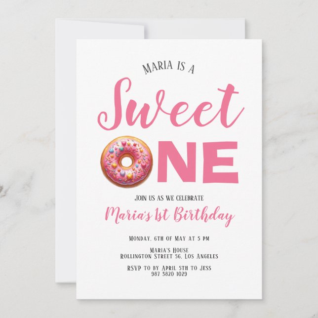 Dulce una invitación de donut rosado 1er cumpleaño (Anverso)