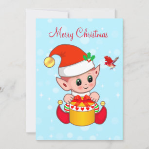 Dulce y alegre elfo de Navidad y pájaro cardenal