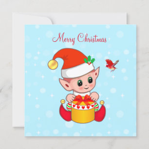 Dulce y alegre elfo de Navidad y pájaro cardenal