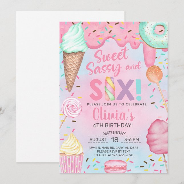 Dulce y chica de seis invitaciones de cumpleaños. (Anverso / Reverso)