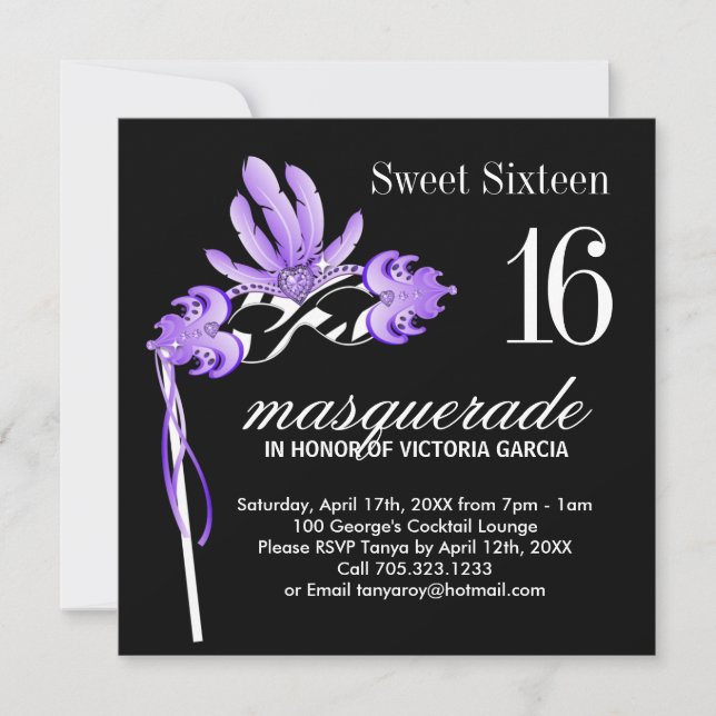 Dulce y dieciséis invitaciones a la fiesta de masc (Anverso)