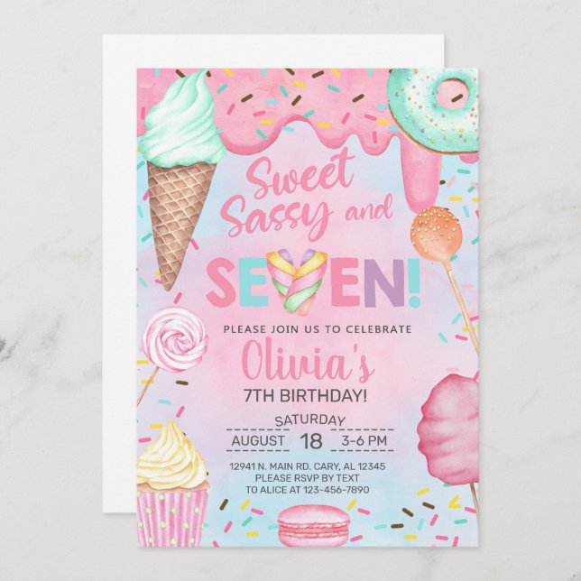 Dulce y dulce invitación de siete chicas de cumple (Anverso / Reverso)