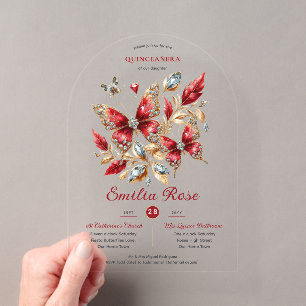 Dulces15 Mariposas QUINCEAÑERA Tarjeta Roja Diaman