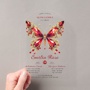 Dulces15 Mariposas QUINCEAÑERA Tarjeta Roja Diaman