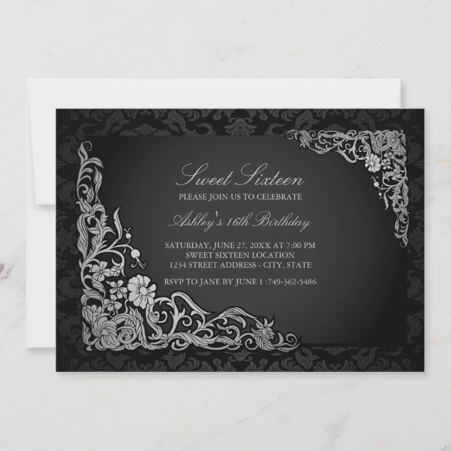 Dulces 16 | Invitación de damasco floral plateado (Anverso)