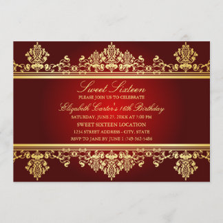 Dulces 16 | Invitación de Damasco Roja y Dorada El
