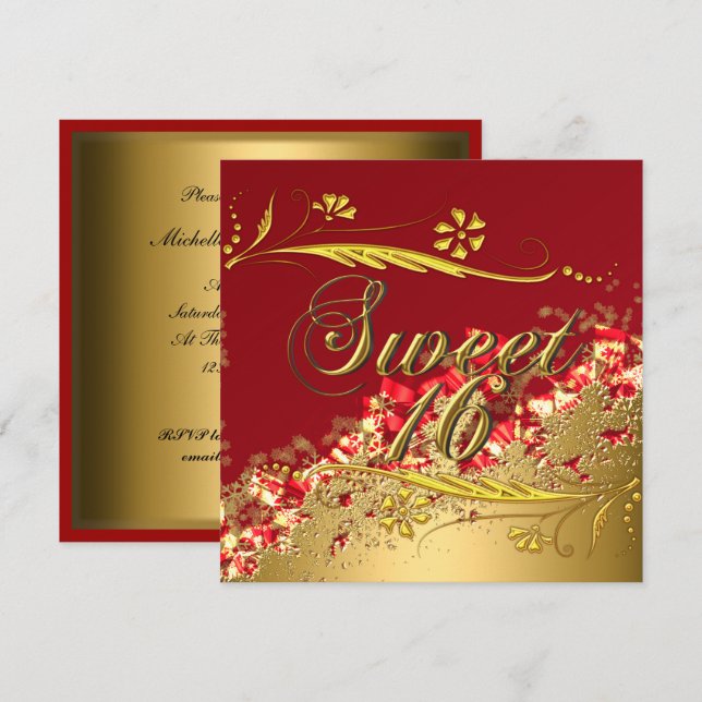 Dulces 16 Invitaciones Elegantes de Oro Rojo (Anverso / Reverso)