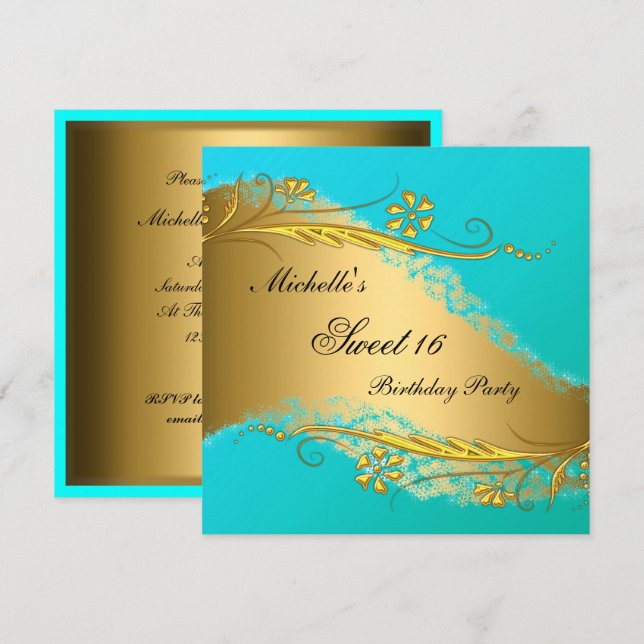 Dulces 16 Invitaciones Elegantes de Oro y Turquesa (Anverso / Reverso)