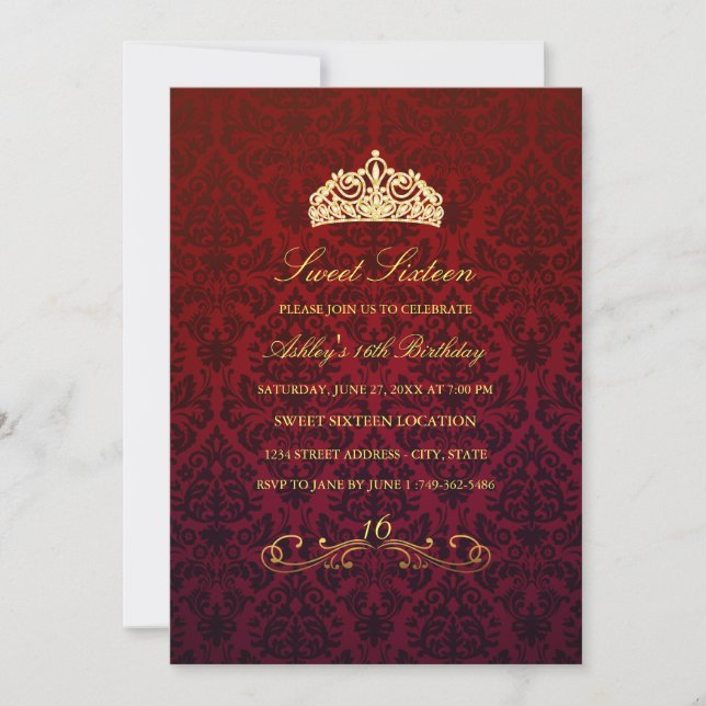 Dulces 16 | Tiara Roja y Invitación de Damasco (Anverso)