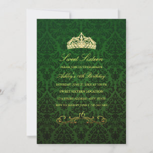 Dulces 16 Tiara Verde y Invitación de Damasco