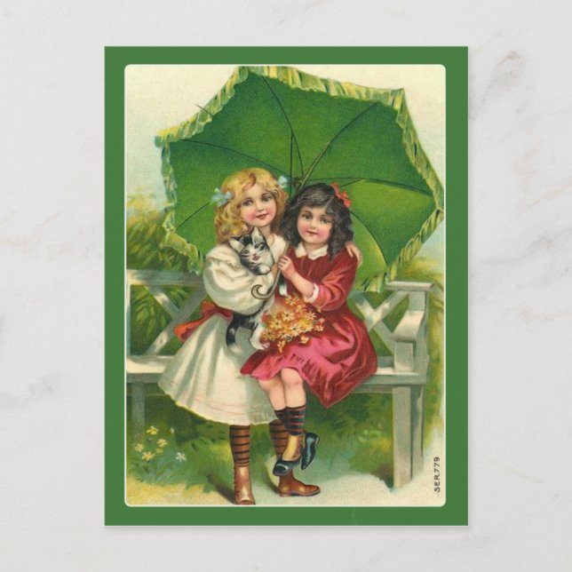 Dulces Chicas victorianos en postal de época verde (Anverso)