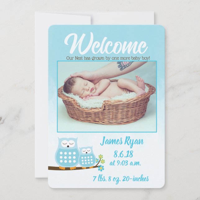 Dulces Lechuzas Azules Nene foto Anuncio de nacimi (Anverso)