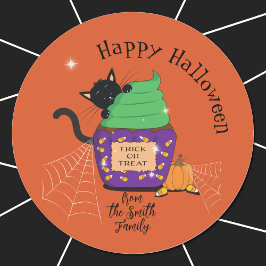 Dulces pegatinas de Halloween naranjas con gato ne