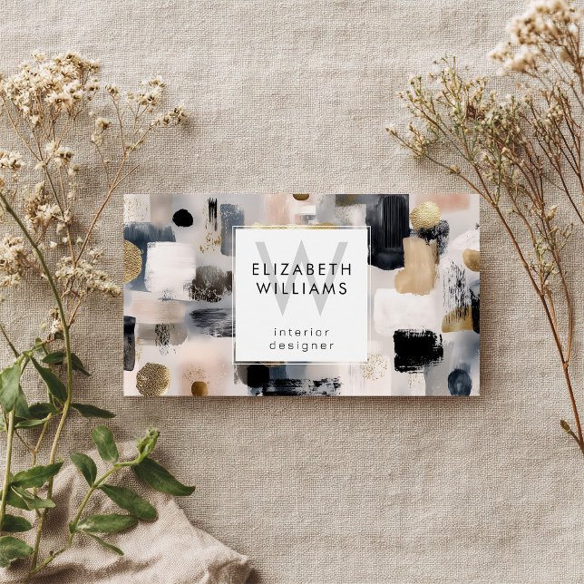 Dusky Pink Black Gold Monogram Business Cards (Subido por el creador)