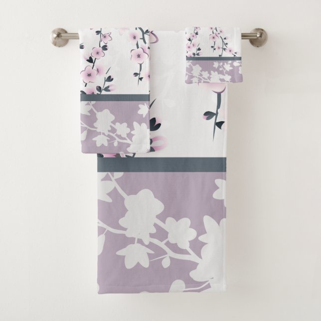Dusky Rosa Mauve Strips Cerezo Blossoms Bath Towe (In situ)