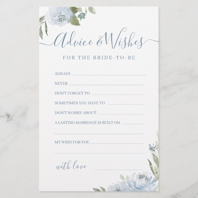 Duste azul floral boda consejo y tarjeta de deseos (Anverso)