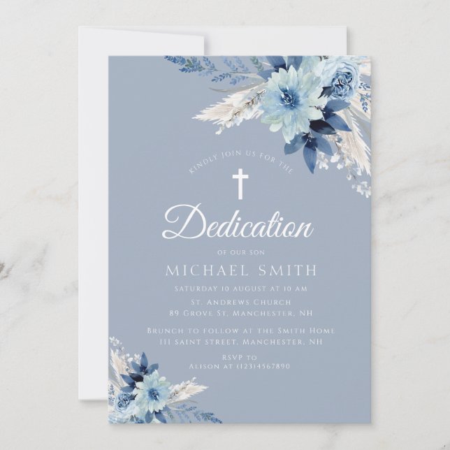 Duste azul floral moderna invitación a la dedicaci (Anverso)
