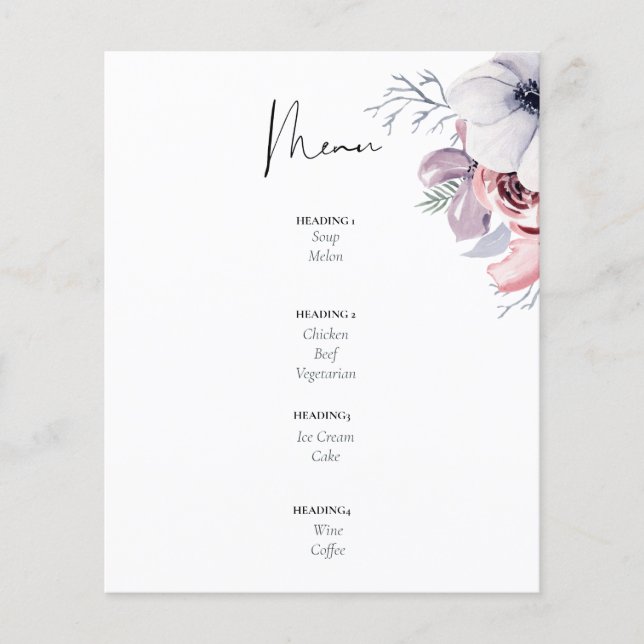 Duste Blue Coral Floral Script Boda Menú Presupues (Anverso)
