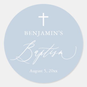 Duste Blue Cross White Boy Baptism Round Pegatina
