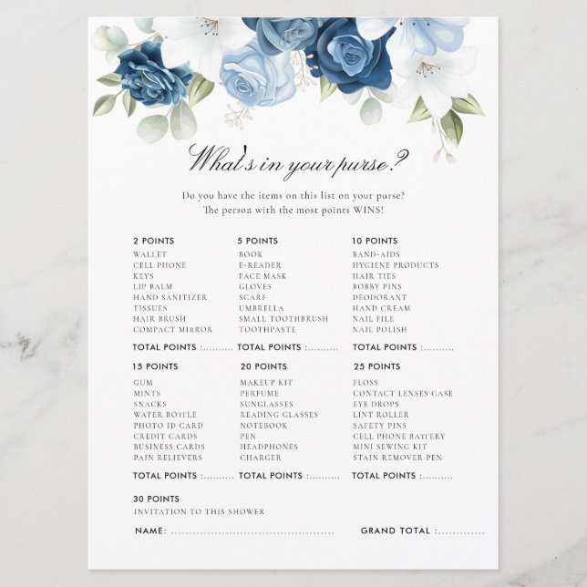 Duste Blue Floral Bridal Shower Game (Anverso)
