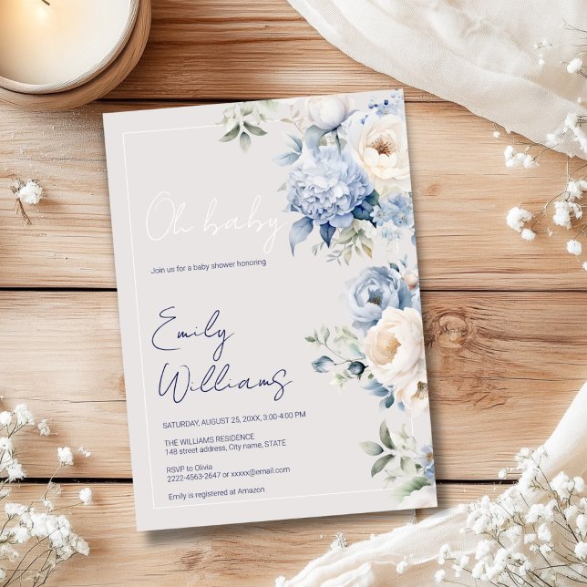 Duste invitación a la ducha de bebé azul y beige (Oh baby baby shower invitation with blue and white rises and peonies )