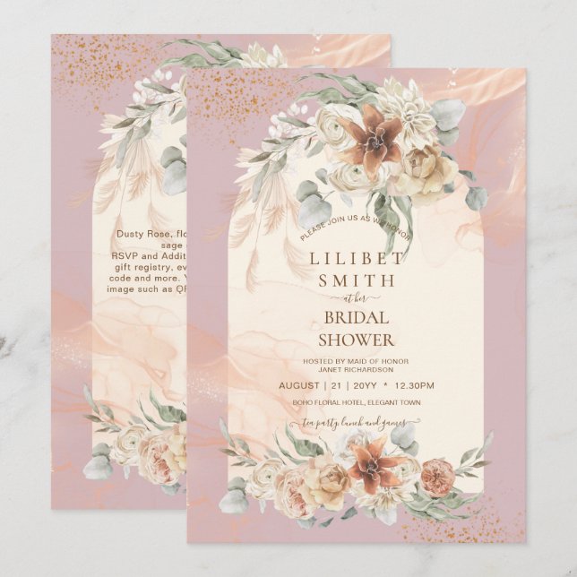 Duste Rosa Floral Pampas Grass Boho BRIDAL SHOWER (Anverso / Reverso)
