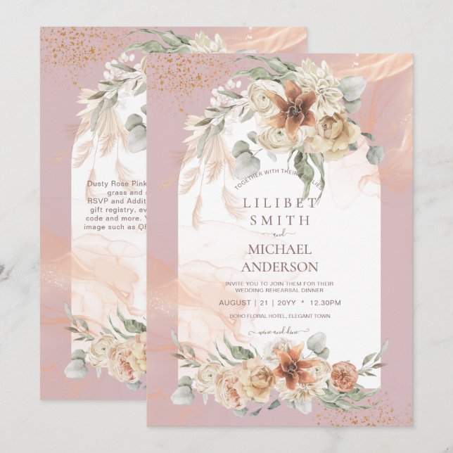 Duste Rosa Floral Pampas Grass REHEARSAL DINNER (Anverso / Reverso)