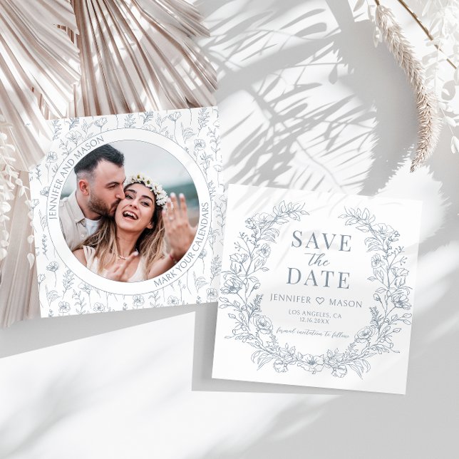 Dusty azul floral floral wreath boho Save the Date (Subido por el creador)
