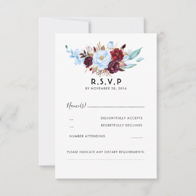 Dusty Blue and Burgundy Floral Wedding RSVP (Anverso)