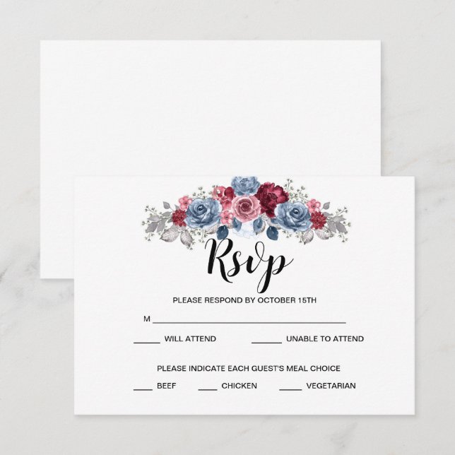 Dusty Blue and Burgundy Wedding RSVP (Anverso / Reverso)
