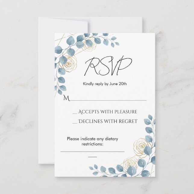 Dusty Blue and Gold Floral Wedding RSVP (Anverso)