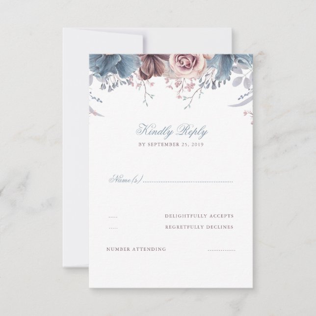 Dusty Blue and Mauve Floral Wedding RSVP (Anverso)