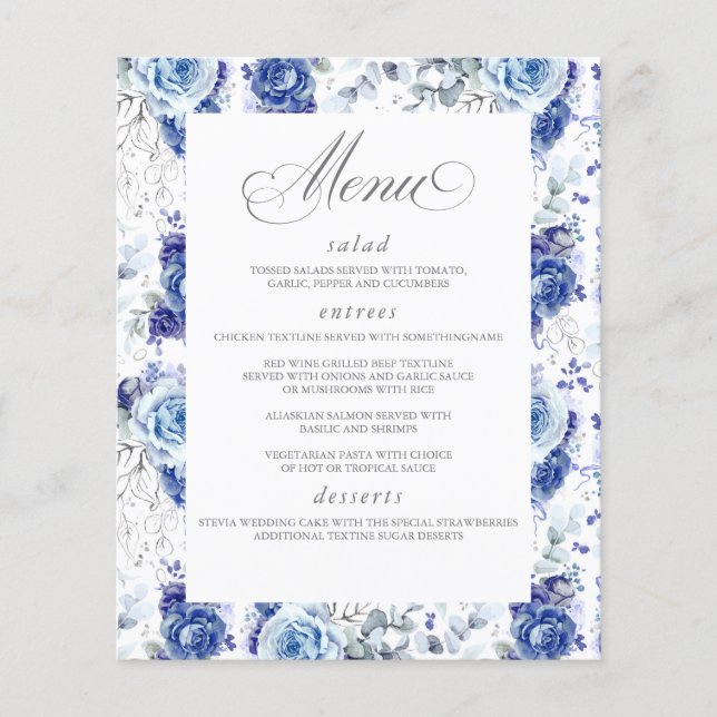 Dusty Blue and Silver Floral Elegant Wedding Menu (Frente)