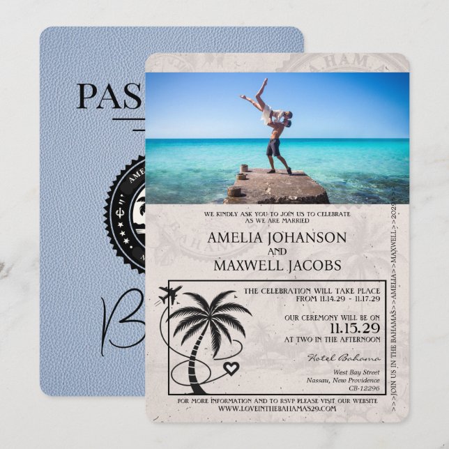 Dusty Blue Bahamas - Invitación a la boda (Anverso / Reverso)