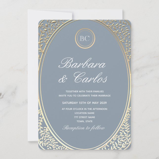 Dusty Blue Baroque Gold Wedding Invitación (Anverso)