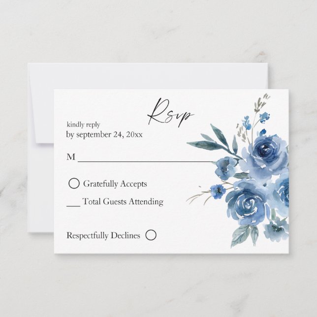 Dusty Blue & Blue Floral 2 sin Carne Tarjeta RSVP (Anverso)