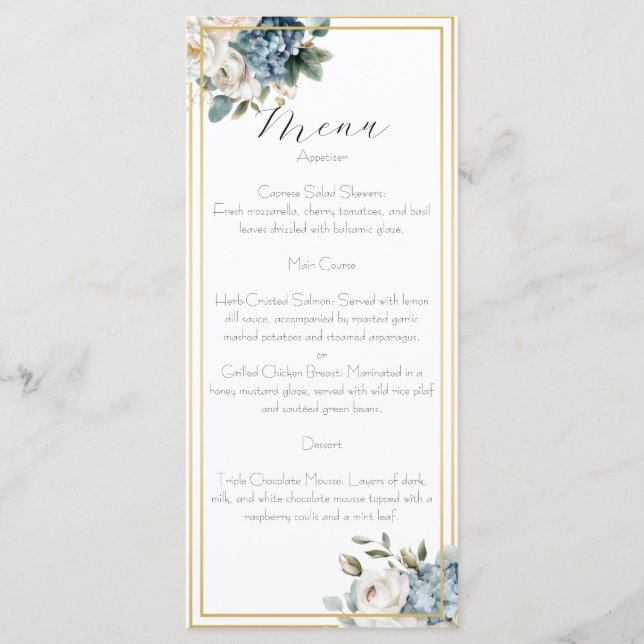 Dusty Blue & Blush Floral Wedding Menu Card  (Anverso)