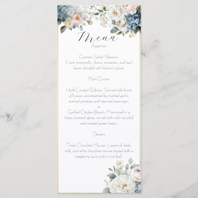 Dusty Blue & Blush Floral Wedding Menu Card  (Anverso)