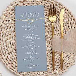 Dusty Blue Boda Menu con Gold Rope Heart