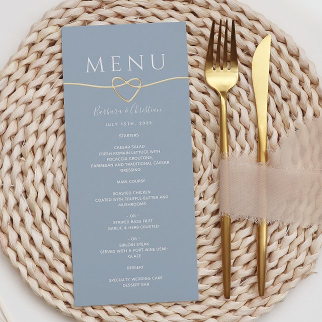 Dusty Blue Boda Menu con Gold Rope Heart (Subido por el creador)
