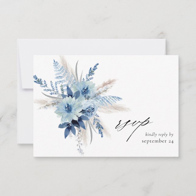 Dusty Blue Boho Floral w Meal Tarjeta RSVP 2 (Anverso)
